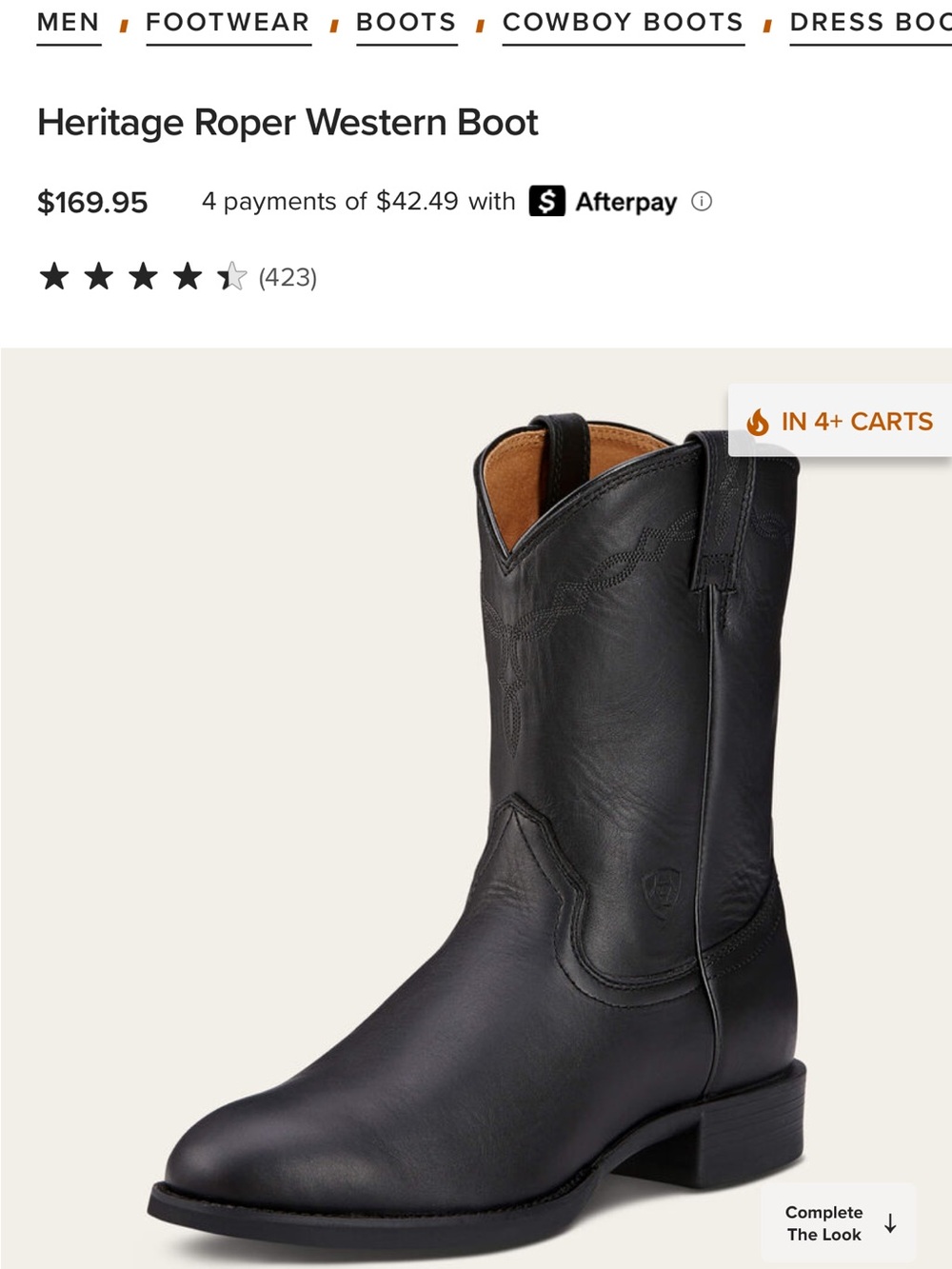 Heritage Black Leather Cowboy Boot - Roper Style